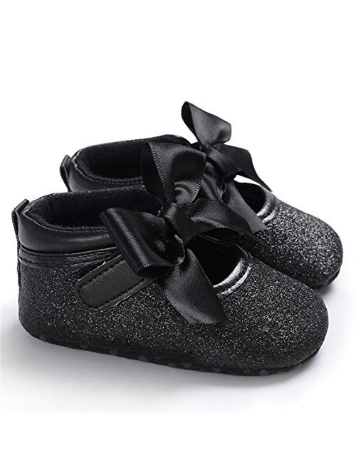 Baby Girls Mary Jane Flats with Bowknot Soft Sole Non-Slip Toddler Infant First Walker Princess Dress Shoes