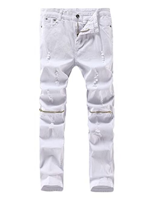 Boy's Skinny Ripped Jeans Distressed Destroyed Slim Fit Jeans Pants with Zipper