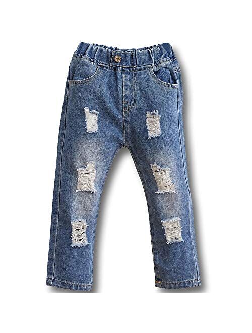 MANGCHI-Kids Little Boys' Broken Holes Elastic Waist Ripped Jeans Denim Jeans Destroyed Kids Basic Pants