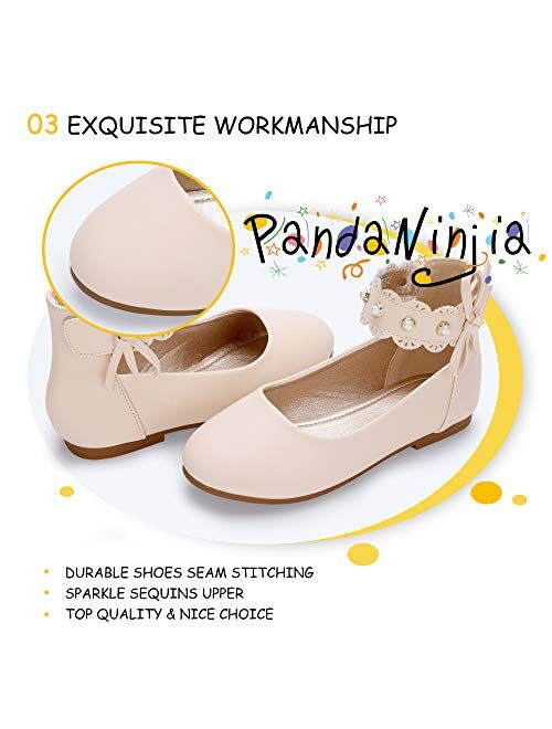 PANDANINJIA Girls Toddler/Little Kid Sara Bow Ballerina Flats Pearl Scallop Ankle Strap Dress Ballet Flat Shoes