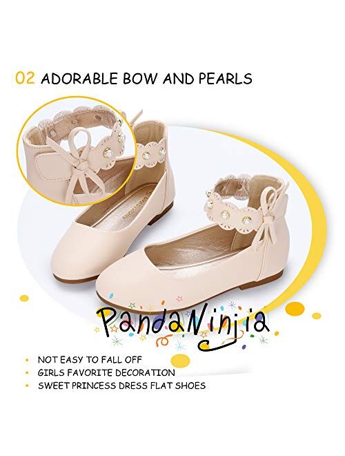 PANDANINJIA Girls Toddler/Little Kid Sara Bow Ballerina Flats Pearl Scallop Ankle Strap Dress Ballet Flat Shoes