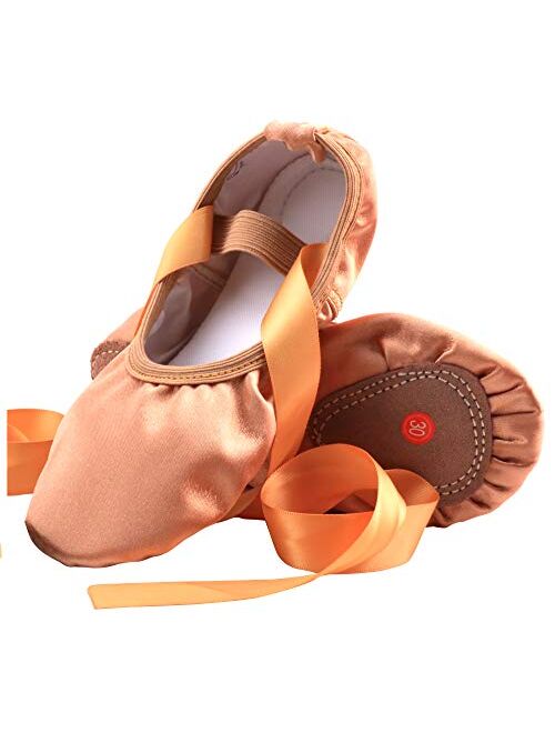 LONSOEN Ballet Slipper Shoes Stretch Satin Ballerinas Dance Yoga Flats with Pure Ribbons for Girls (Toddler/Little Kid/Big Kid
