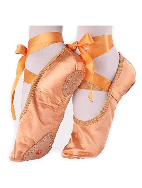LONSOEN Ballet Slipper Shoes Stretch Satin Ballerinas Dance Yoga Flats with Pure Ribbons for Girls (Toddler/Little Kid/Big Kid