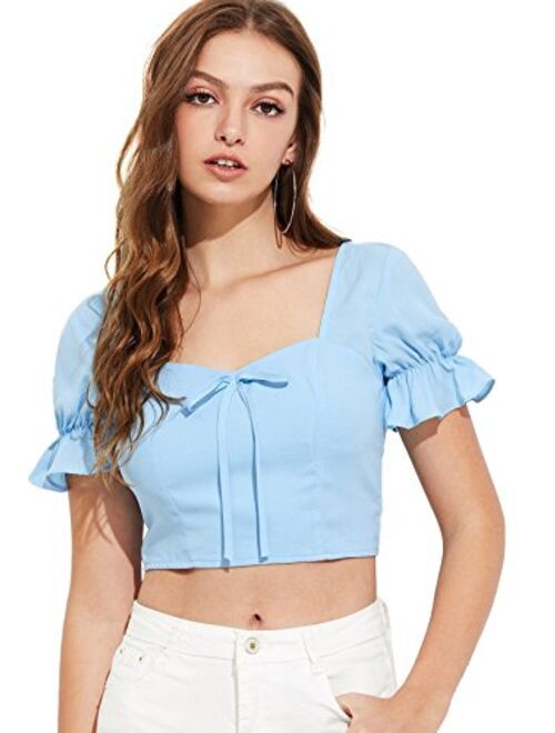 MakeMeChic Women's Knot Front Ruffle Short Sleeve Smocked Crop Top Blouse