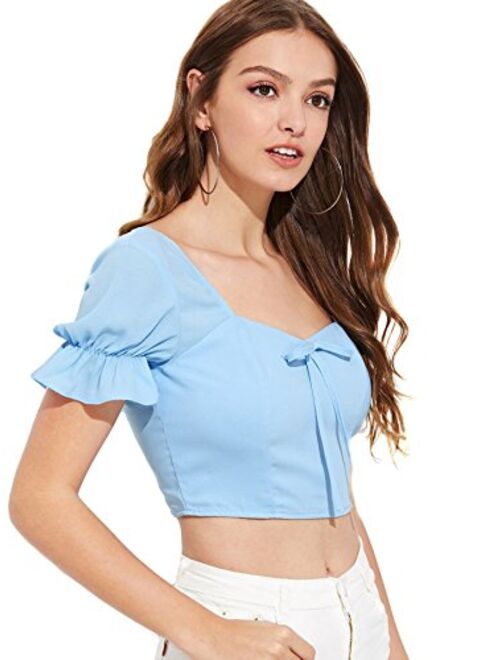 MakeMeChic Women's Knot Front Ruffle Short Sleeve Smocked Crop Top Blouse