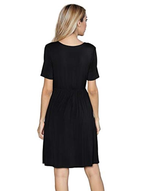 DEARCASE Women's Casual Loose Short Sleeve V Neck Summer Dresses with Pockets