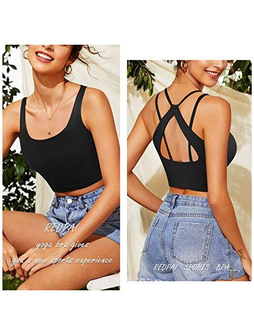 REDPAI Sports Bra Tank Tops for Women Strappy Racerback Longline Removable Padded Activewear Yoga Workout Bra Tops