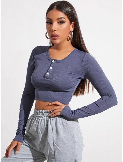 Shein Button Half Placket Crop Tee
