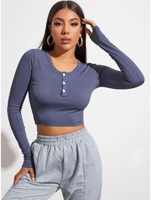 Shein Button Half Placket Crop Tee