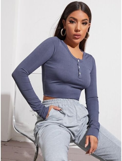 Shein Button Half Placket Crop Tee