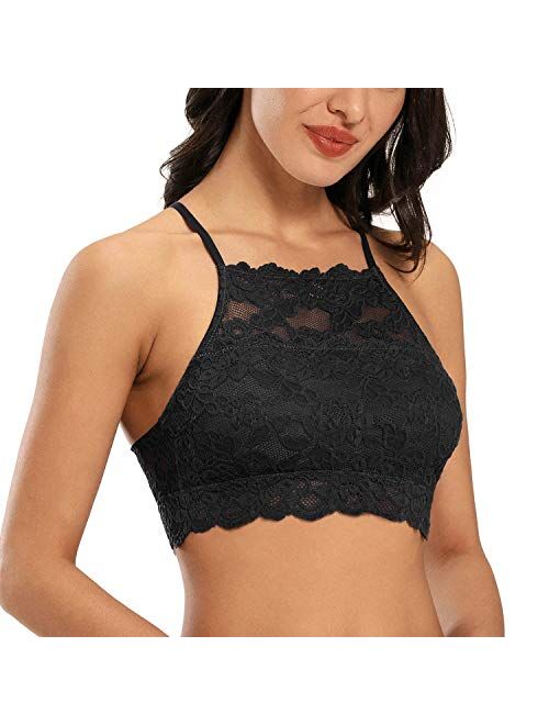 DotVol High-Neck Lace Bralette for Women Racerback Floral Crop Top Vest Bra