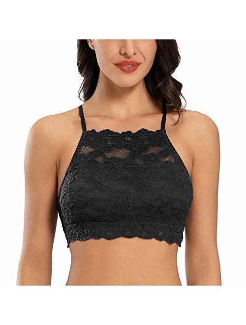DotVol High-Neck Lace Bralette for Women Racerback Floral Crop Top Vest Bra
