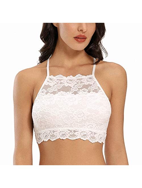 DotVol High-Neck Lace Bralette for Women Racerback Floral Crop Top Vest Bra
