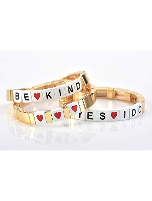 Coolcos Tile Enamel Gold Letter Words Bracelet Colorblock Bracelet Elastic Rectangle Bracelet Bead Tile Bracelets for Women Men Stackable Gold Tila Bracelets