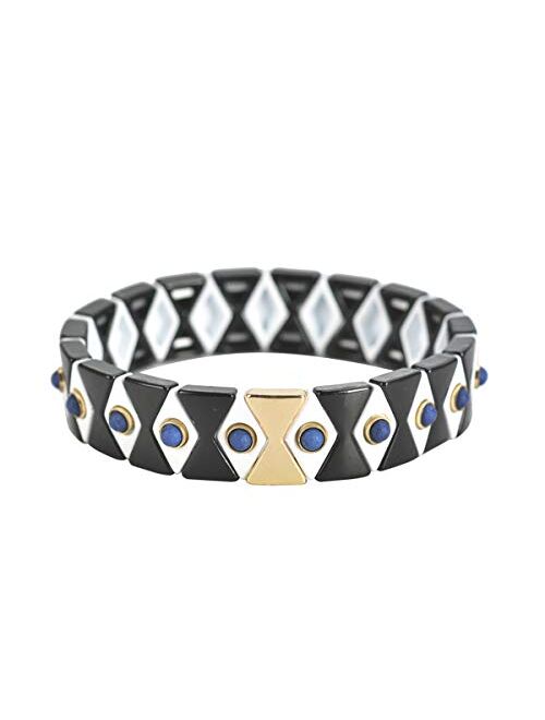 Coolcos Argyle Tile Enamel Bracelet, Decorated Natural Stone Beads Bracelet, 2020 Enameled Beaded Elastic Stretch Stretchy Bracelets for Women Ladies