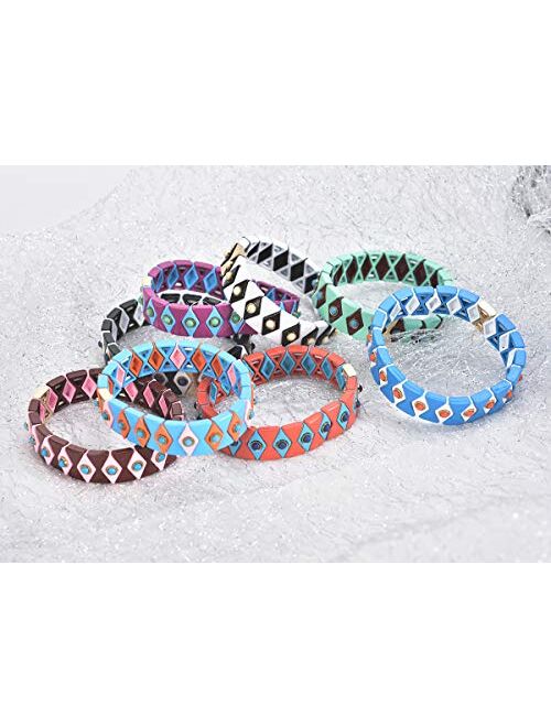 Coolcos Argyle Tile Enamel Bracelet, Decorated Natural Stone Beads Bracelet, 2020 Enameled Beaded Elastic Stretch Stretchy Bracelets for Women Ladies