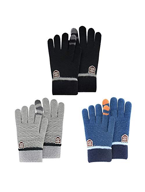 ORVINNER Kids Winter Gloves for Boys Girls, 3 Pairs Children Warm Wool Lined Gloves Toddler Thermal Knitted Mittens