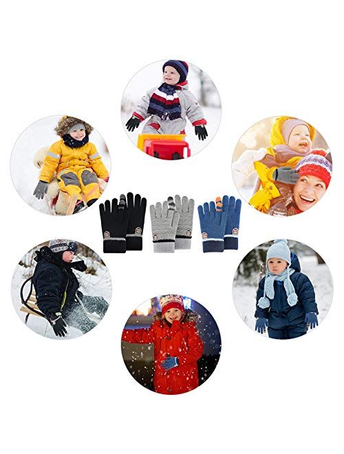 ORVINNER Kids Winter Gloves for Boys Girls, 3 Pairs Children Warm Wool Lined Gloves Toddler Thermal Knitted Mittens
