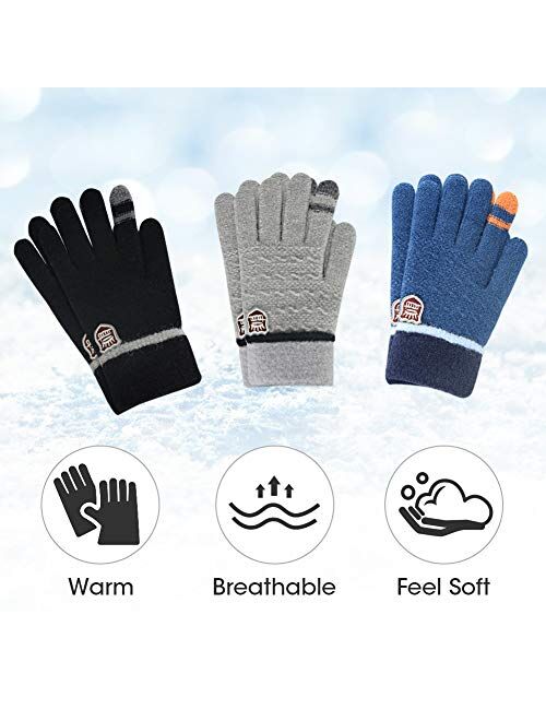 ORVINNER Kids Winter Gloves for Boys Girls, 3 Pairs Children Warm Wool Lined Gloves Toddler Thermal Knitted Mittens