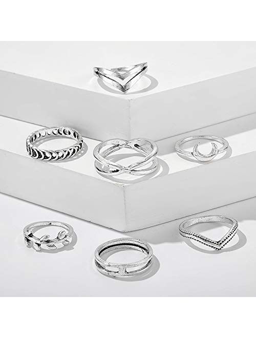 Boho Silver Star Moon Knuckle Ring Set for Women Teen Girls,Vintage Crystal Stackable Midi Finger Rings