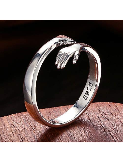 LOVECOM Hug Ring,925 Sterling Silver Hug Rings for Women Girls Silver Hugging Hands Open Promise Ring Jewelry Hug Hands Mens Rings Couples Wedding Bands