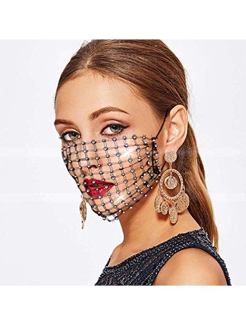 Woeoe Sparkling Rhinestone Mesh Mask Crystal Black Masks Party Nightclub Mask Jewelry for Women and Girls
