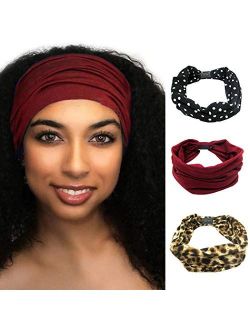 African Headbands Knotted Hairbands Leopard Print Stylish Head Wraps Elastic Wide Head Scarf for Women and Girls (Pack of 3)
