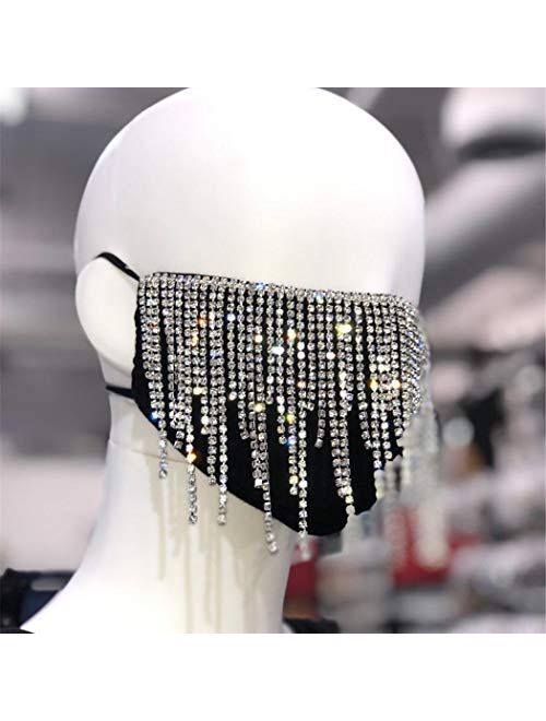 Woeoe Bling Rhinestone Cover Black Crystal Tassel Covering Masquerade Ball Party Halloween Nightclub Jewelry for Women and Girls