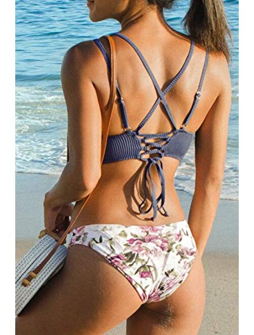 CUPSHE Women's Bikini Swimsuit V Neck Floral Print Lace Up Two Piece Bathing Suit