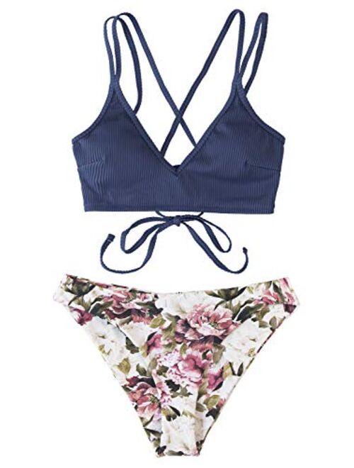 CUPSHE Women's Bikini Swimsuit V Neck Floral Print Lace Up Two Piece Bathing Suit