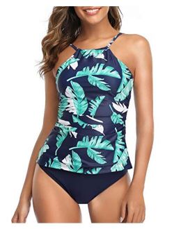 Tankini Swimsuit for Women High Neck Ruched Tummy Control Top with Shorts Two Piece Bathing Suits