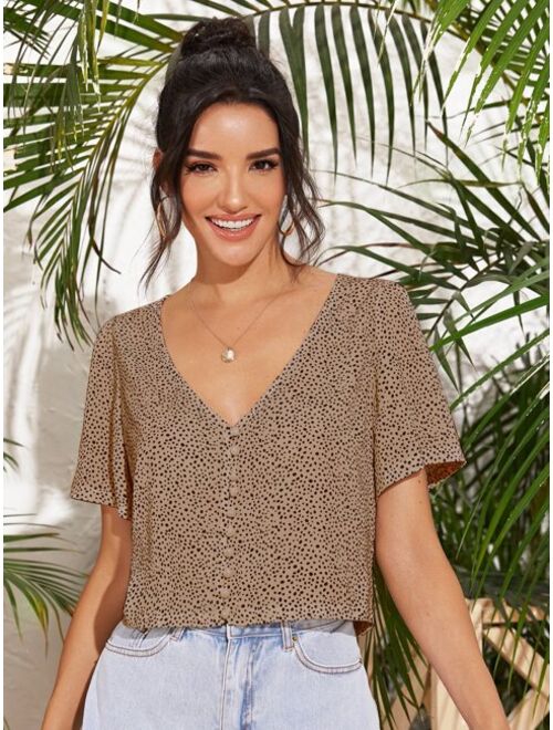 Shein Speckled Print Button-Loop Top