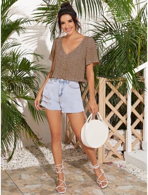 Shein Speckled Print Button-Loop Top