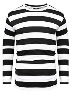 Mens Long Sleeve Basic Striped Shirt Crew Neck Cotton T-Shirt