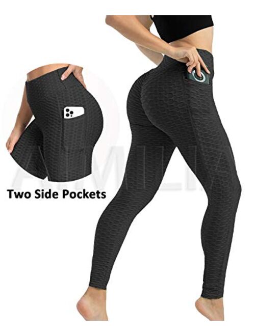 AIMILIA Butt Lifting Anti Cellulite Leggings with Pockets for Women High Waisted Yoga Pants Workout Tummy Control Tights