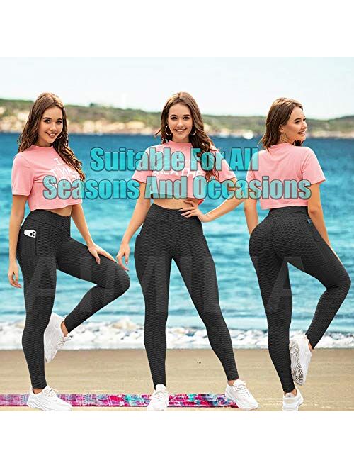 AIMILIA Butt Lifting Anti Cellulite Leggings with Pockets for Women High Waisted Yoga Pants Workout Tummy Control Tights