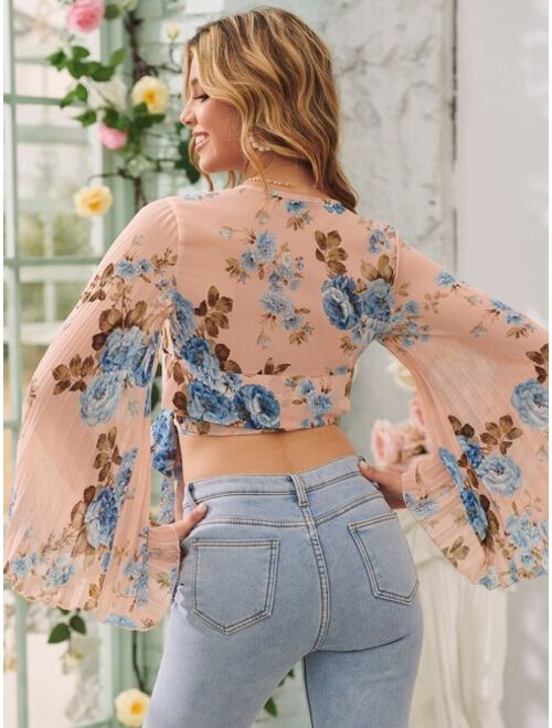 Shein Chiffon Floral Pleated Bell Sleeve Wrap Blouse