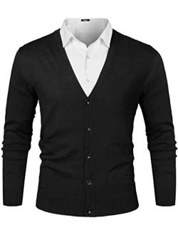 Mens V-Neck Slim Fit Knitted Button Down Cardigan Sweater with Ribbing Edge