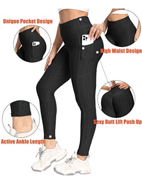 AIMILIA Women's Butt Lifting Anti Cellulite Leggings High Waisted Ruched Yoga Pants with Pockets Tummy Control Sport Tights