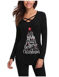 Womens Sexy Cross Front V-Neck Long Sleeve Christmas Letter Print T-Shirt Tunic Tops