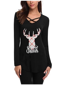 Womens Sexy Cross Front V-Neck Long Sleeve Christmas Letter Print T-Shirt Tunic Tops