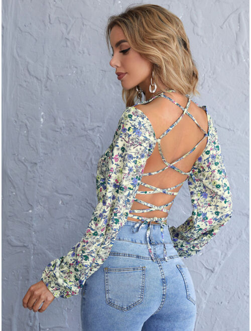 Shein Ditsy Floral Criss Cross Tie Back Crop Blouse