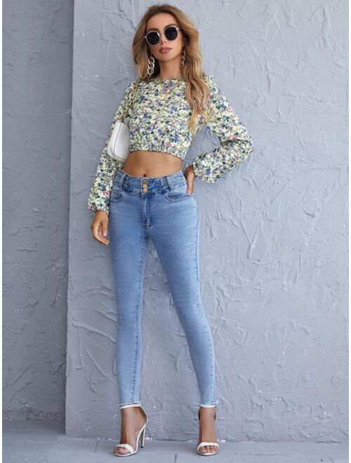 Shein Ditsy Floral Criss Cross Tie Back Crop Blouse