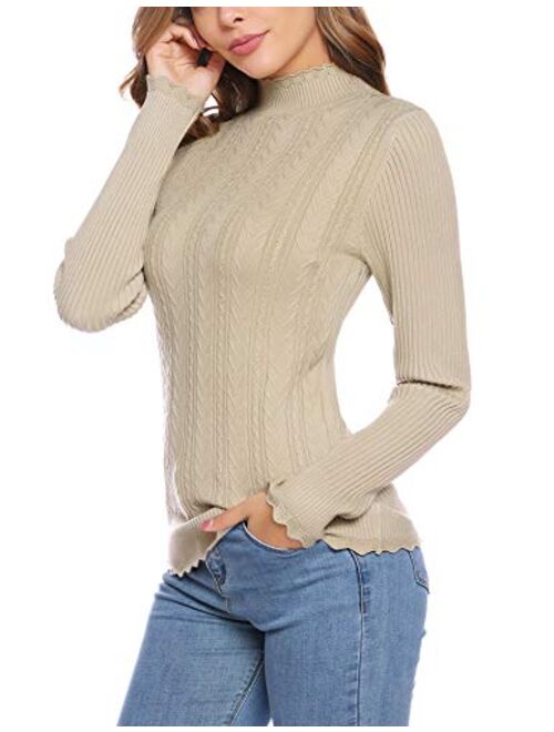 iClosam Women Sweaters Turtleneck Ruffles Stretch Slim Layer Pullover Tops Long Sleeve Mock Sweaters