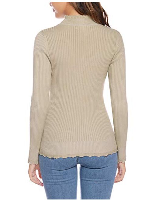 iClosam Women Sweaters Turtleneck Ruffles Stretch Slim Layer Pullover Tops Long Sleeve Mock Sweaters