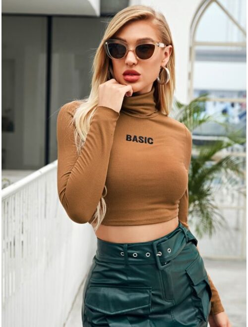 Shein Ribbed Basic Graphic Turtleneck Crop Top