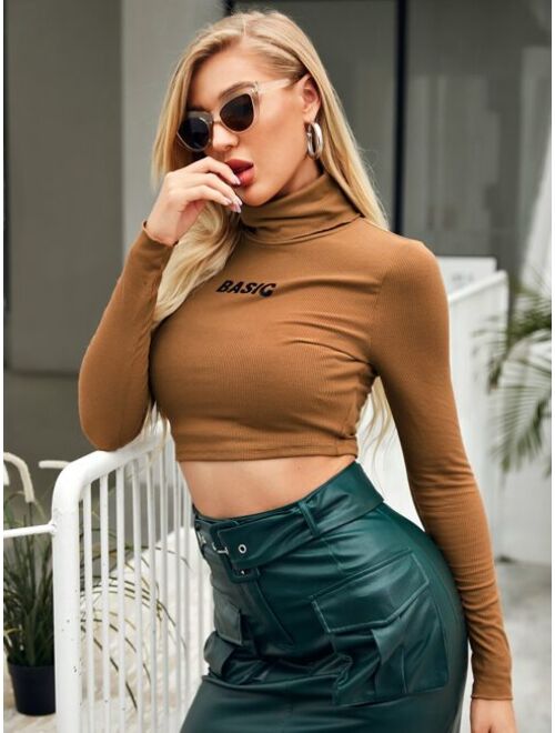 Shein Ribbed Basic Graphic Turtleneck Crop Top