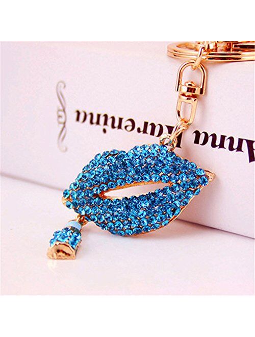 Hot Lips with Lipstick Keychain Crystal Sparkling Keyring Rhinestones Purse Pendant Handbag Charm