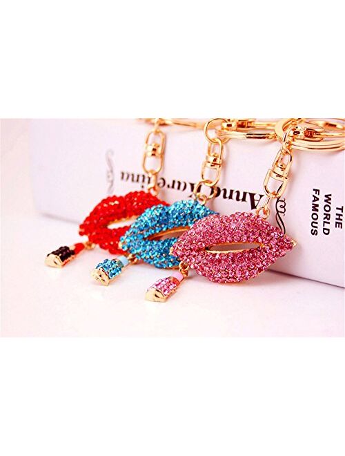 Hot Lips with Lipstick Keychain Crystal Sparkling Keyring Rhinestones Purse Pendant Handbag Charm