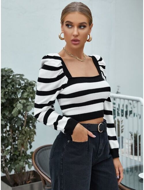 Shein Gigot Sleeve Striped Crop Sweater